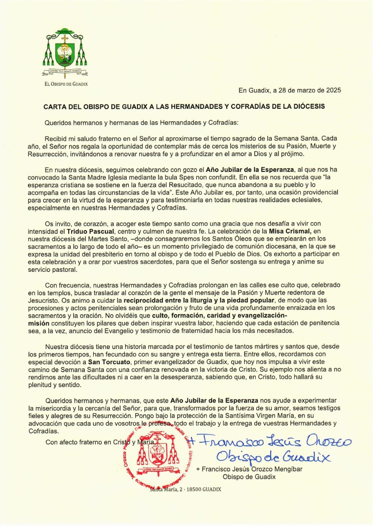 CARTA DEL OBISPO DE GUADIX A LAS HERMANDADES Y COFRADÍAS DE LA DIÓCESIS